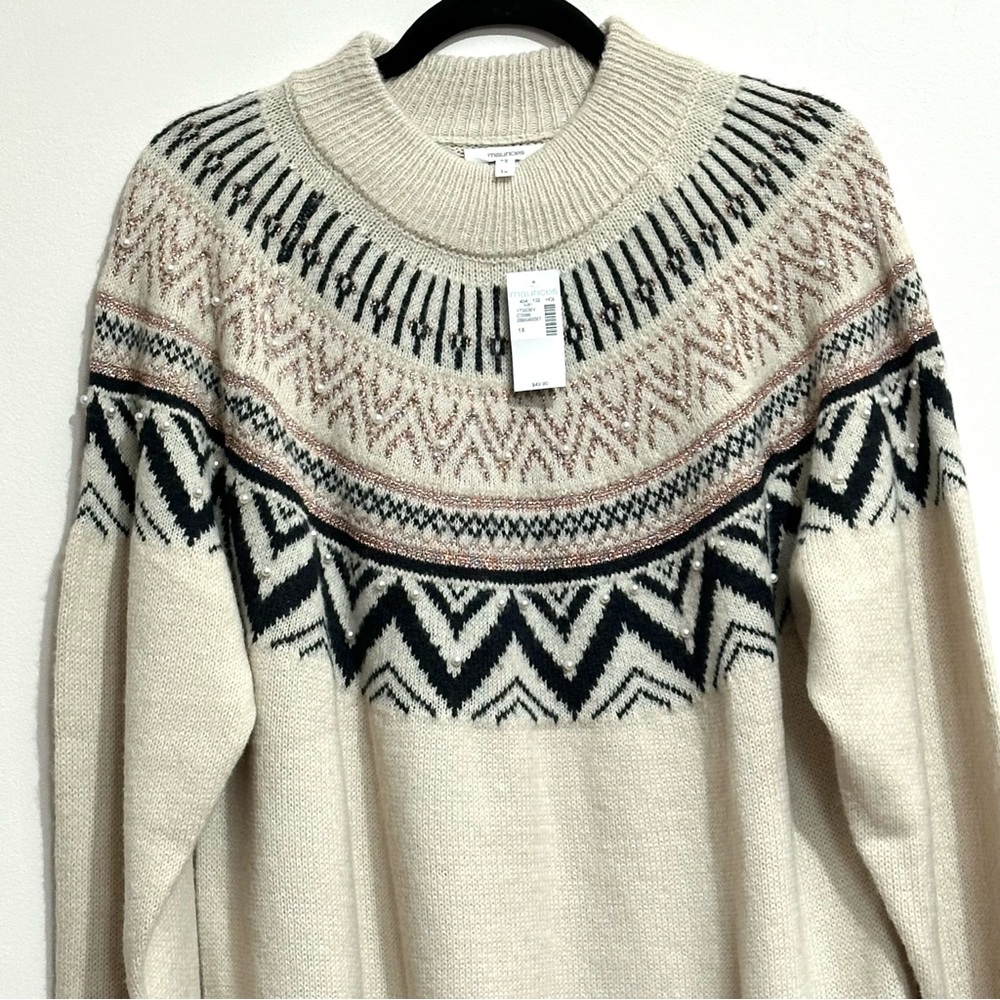Maurices Pearl Fair Isle Mock Neck Sweater Size 1X NWT Beaded Cozy Holiday Plus